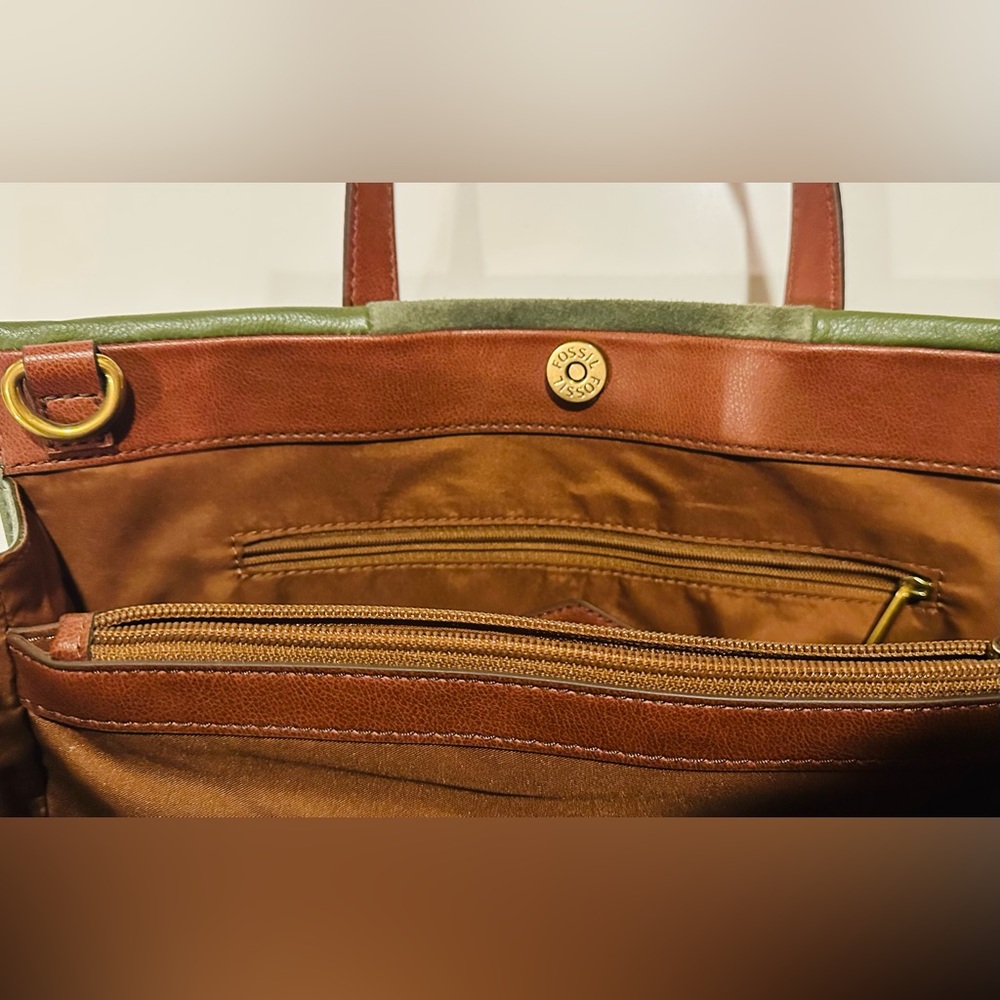 Fossil Leather Suede Green Tote Handbag Green Brown Handles Work Travel Safari - Picture 11 of 16